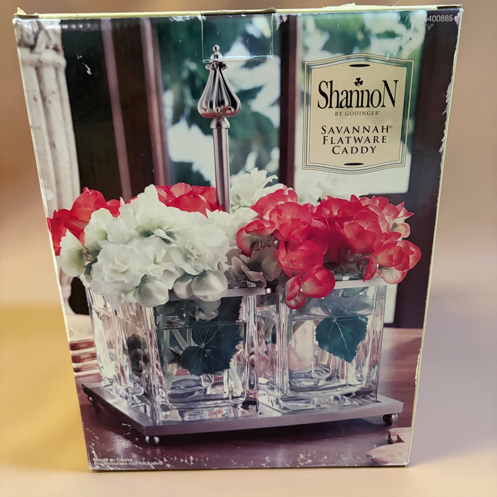Shannon by Godinger Savannah Flatware Caddy Lead Crystal Brushed Nickel New
